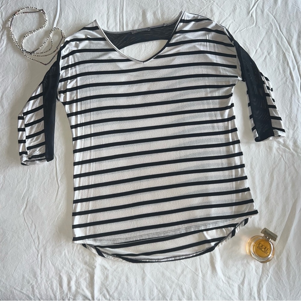 Loveappella White with Black Stripes Knit Top.  SZ M